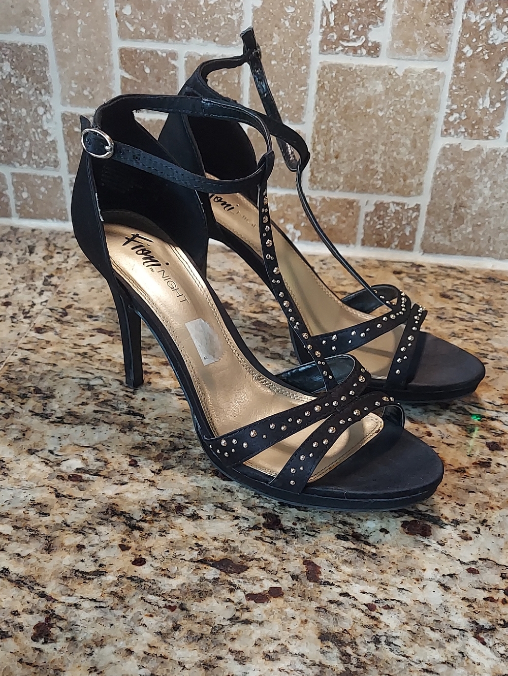 FIONI Black Studded T-Strap Stiletto Heels, Size 8.5 GUC